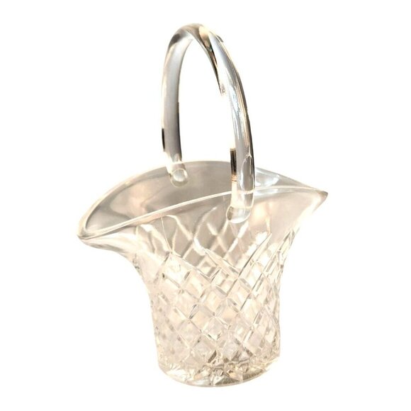 Pressed Cut Crystal Glass Basket Vase Handled Diamond Pattern Decorative Display - Picture 3 of 9